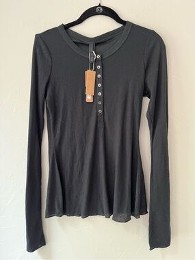 SKIMS SHEER COTTON BLEND LONG SLEEVE HENLEY TOP SOOT XXS M